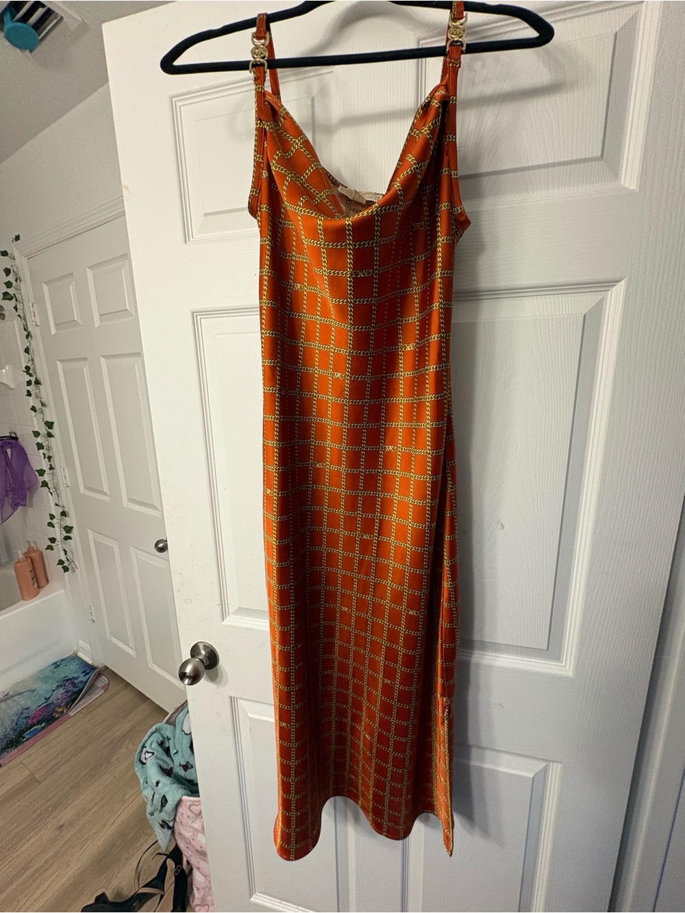 Michael Kors Orange Slip Dress with Gold Chain Print - Picture 2 of 4